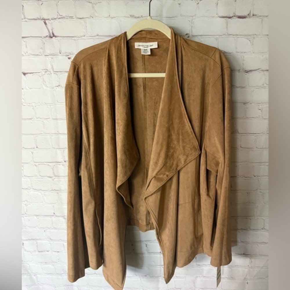 NWT Skye’s the Limit 20W Tan Faux Suede Drape Front Jacket | Plus Size